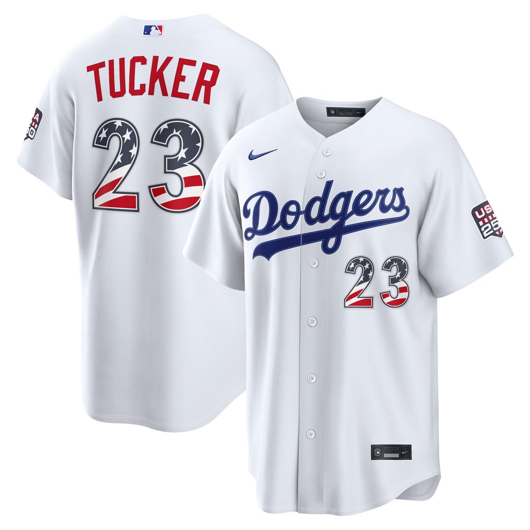 Fourth of July Los Angeles Dodgers Kyle Tucker Nike White USA 250 Stadium Jersey product image 1, provided for visual