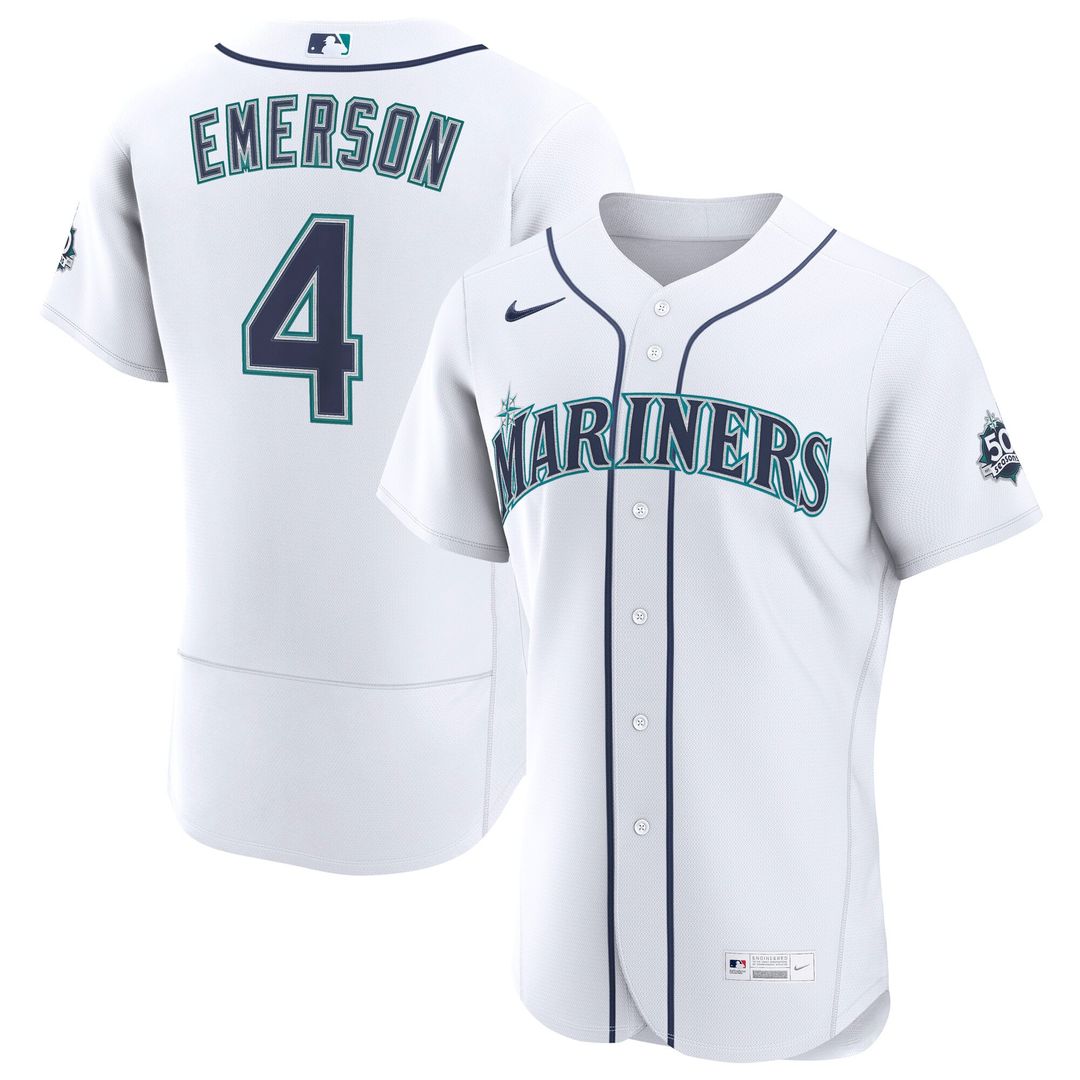 Seattle Mariners Colt Emerson Nike White Home 50th Season Authentic Jersey product image 1, provided for visual reference