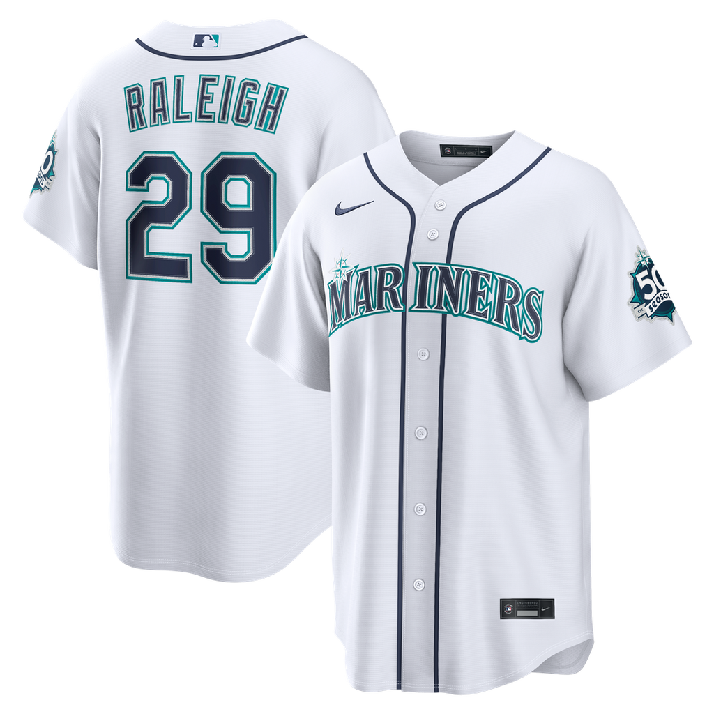 Seattle Mariners Cal Raleigh Nike White Home Stadium 50th Season Patch Jersey product image 1, provided for visual reference