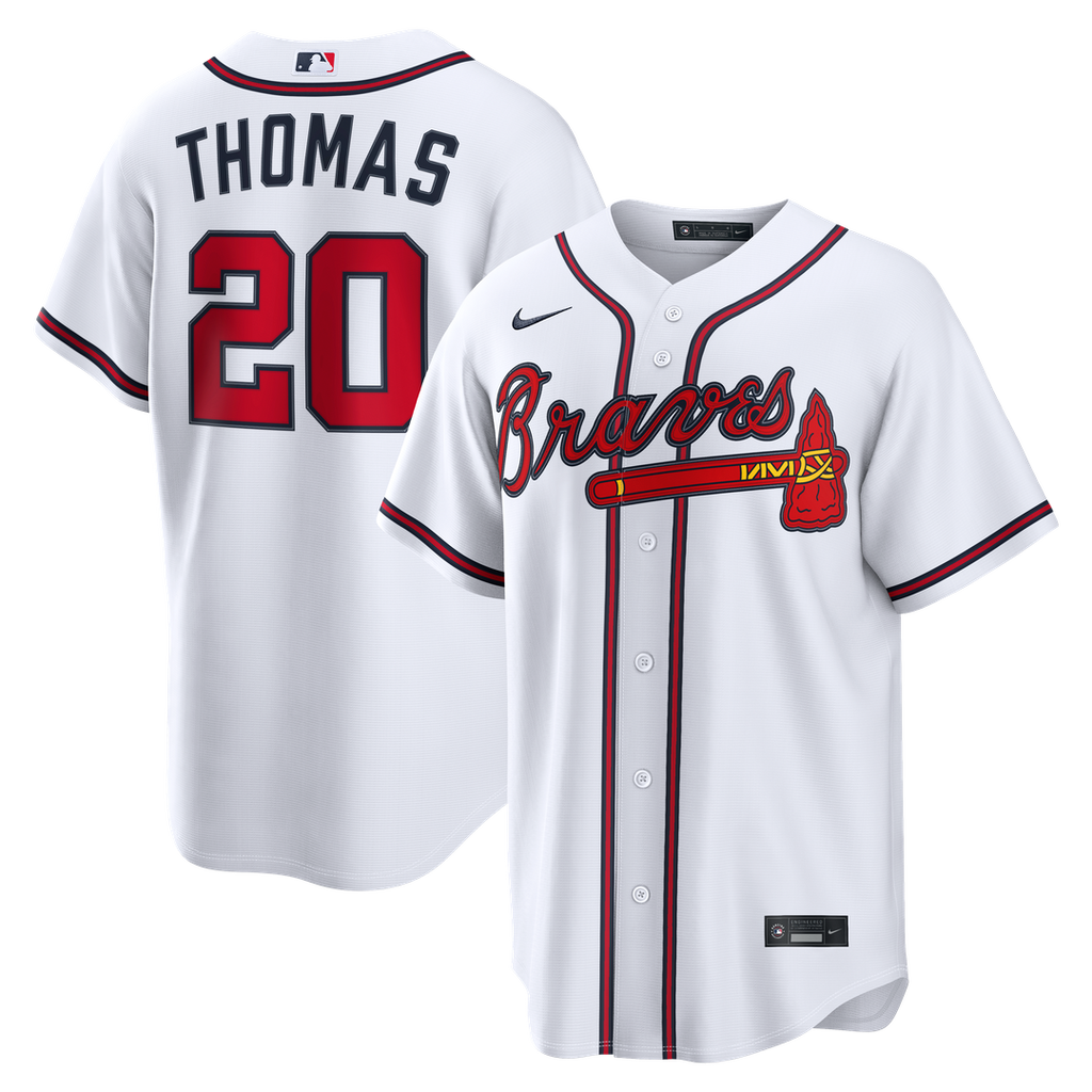 Atlanta Braves Lane Thomas Nike White Home Replica Jersey product image 1, provided for visual reference and product detail