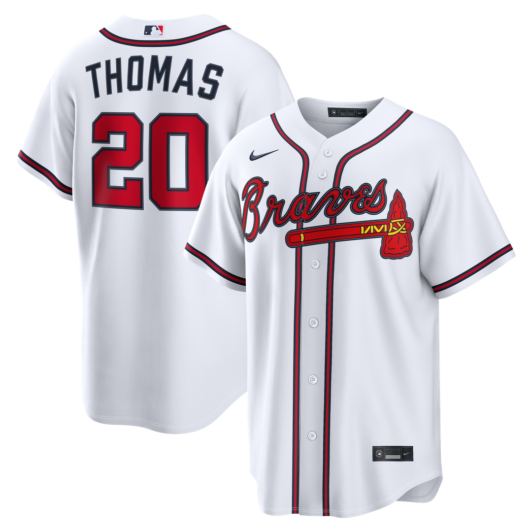 Atlanta Braves Lane Thomas Nike White Home Replica Jersey product image 1, provided for visual reference and product detail