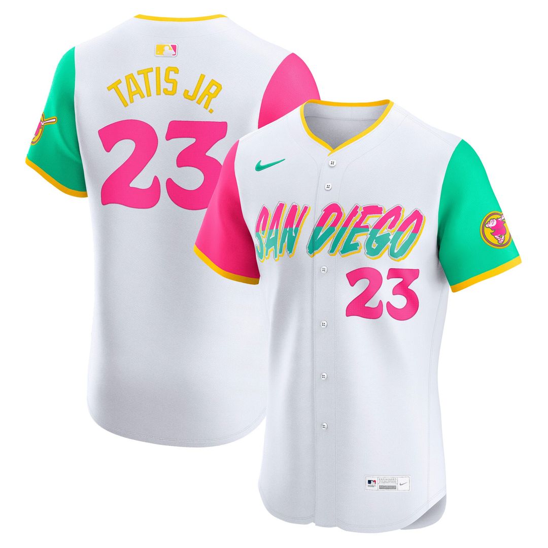 San Diego Padres Fernando Tatis Jr. Nike White City Connect Elite Jersey product image 1, provided for visual reference and