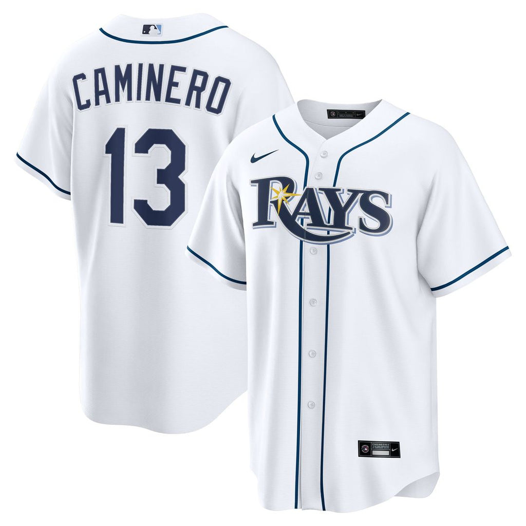 Tampa Bay Rays Junior Caminero Nike White Home Replica Jersey product image 1, provided for visual reference and product