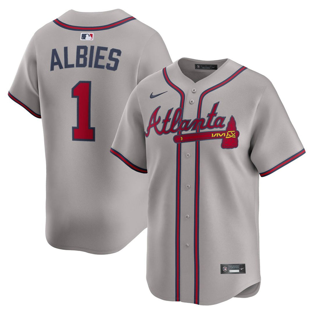Atlanta Braves Ozzie Albies Nike Gray Road Limited Player Jersey product image 1, provided for visual reference and product