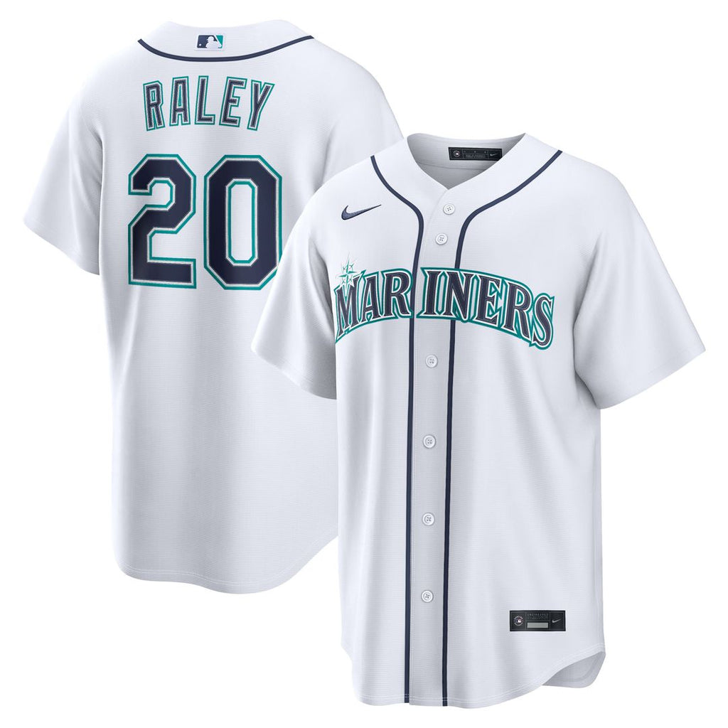 Seattle Mariners Luke Raley Nike White Home Replica Jersey product image 1, provided for visual reference and product detail
