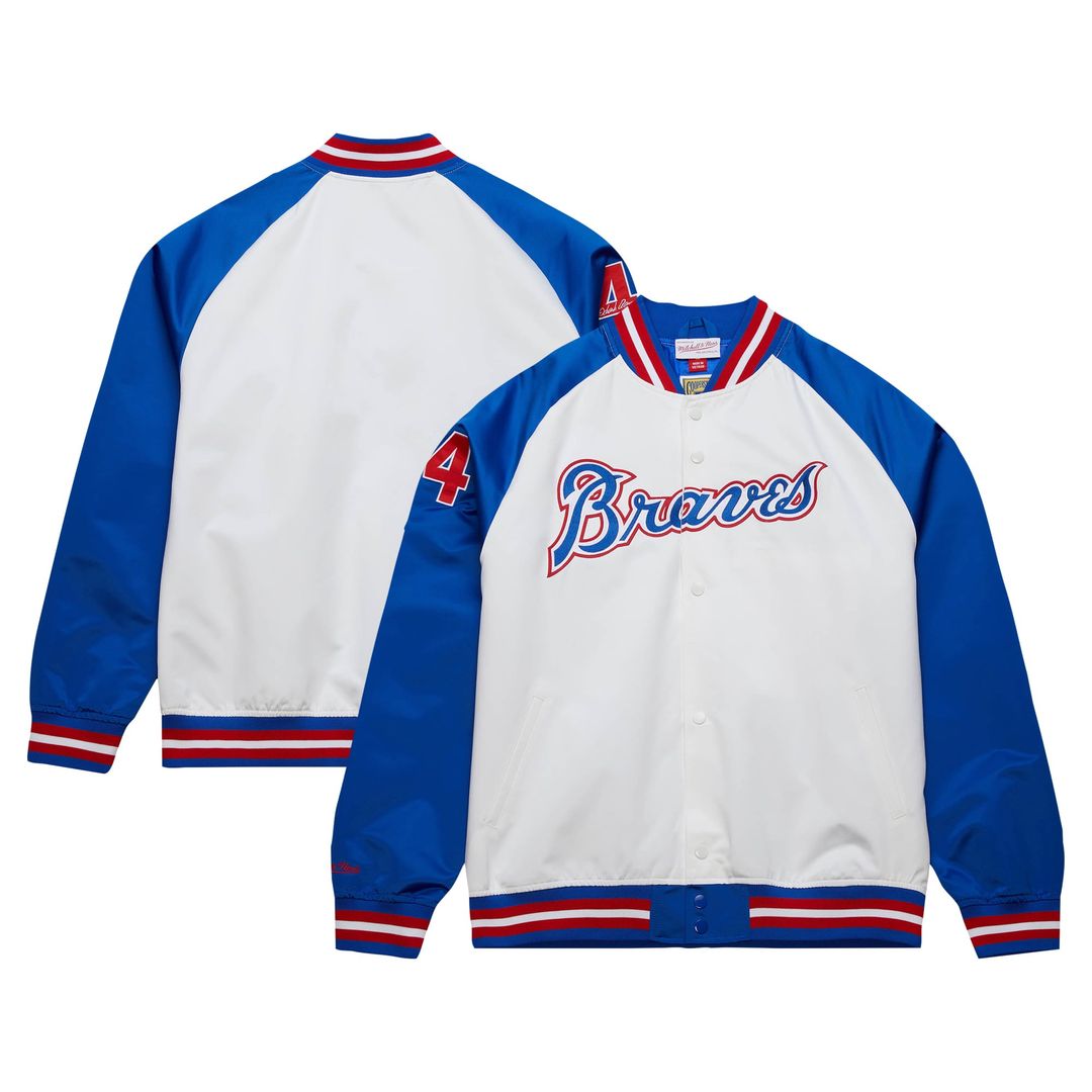 Atlanta Braves Hank Aaron Mitchell & Ness White/Royal Cooperstown Collection Legends Lightweight Satin Raglan Full-Snap