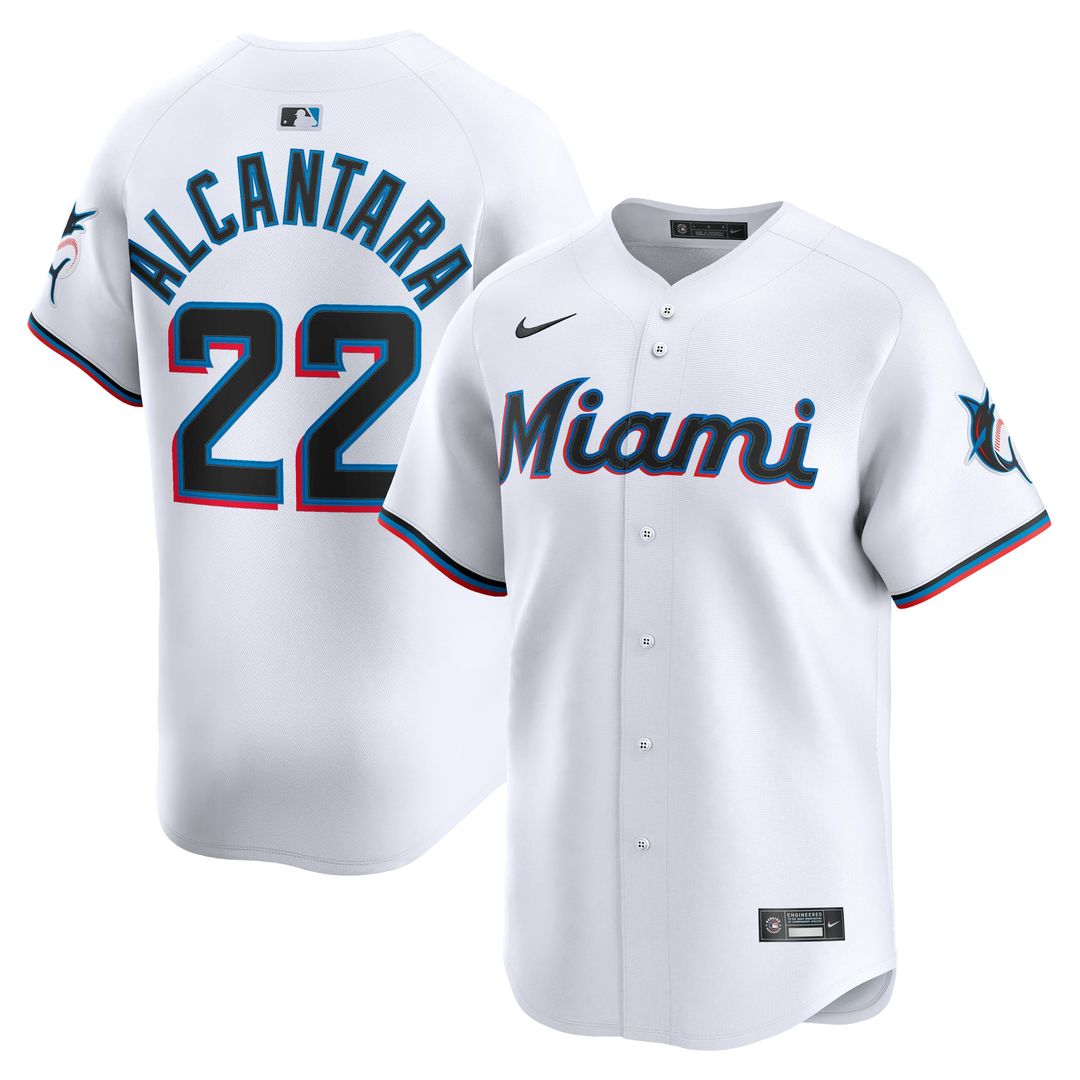 Miami Marlins Sandy Alcantara Nike White Home Limited Player Jersey product image 1, provided for visual reference and