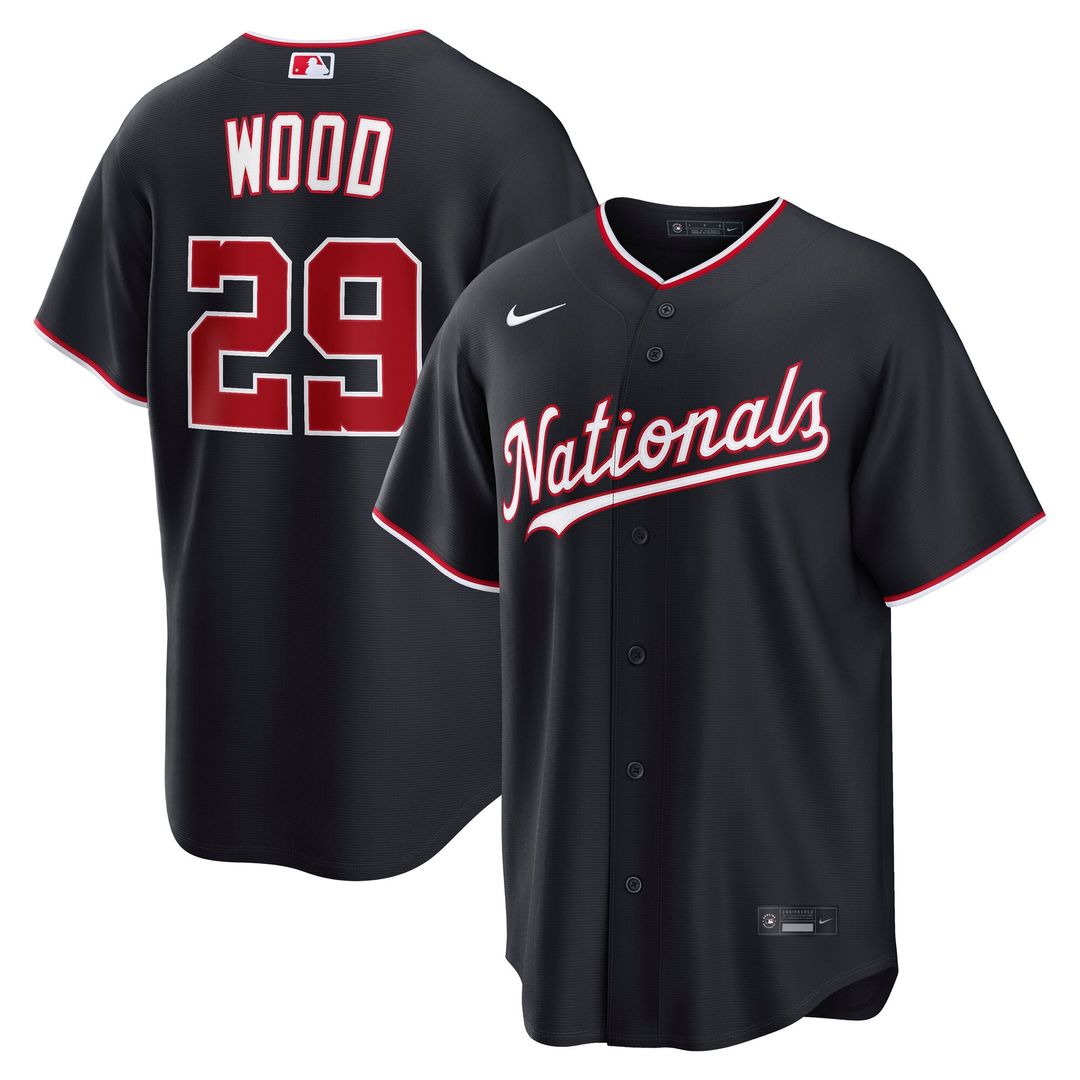 Washington Nationals James Wood Nike Navy Alternate Replica Jersey product image 1, provided for visual reference and