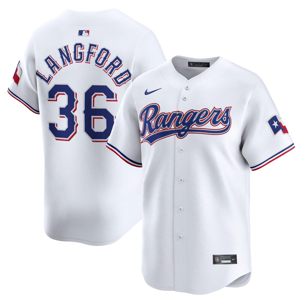 Texas Rangers Wyatt Langford Nike White Home Limited Player Jersey product image 1, provided for visual reference and