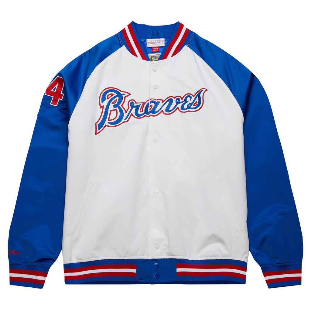 Atlanta Braves Hank Aaron Mitchell & Ness White/Royal Cooperstown Collection Legends Lightweight Satin Raglan Full-Snap