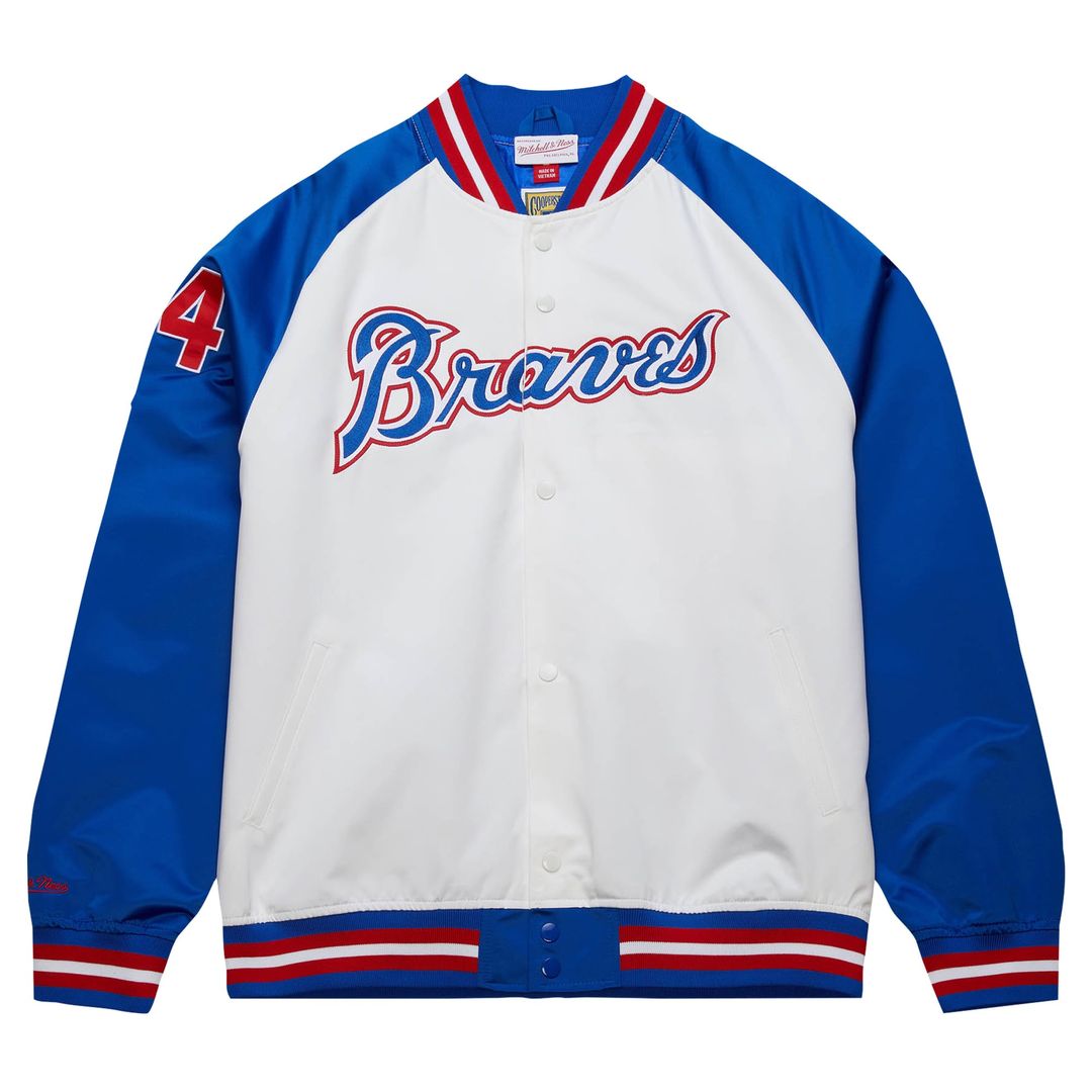 Atlanta Braves Hank Aaron Mitchell & Ness White/Royal Cooperstown Collection Legends Lightweight Satin Raglan Full-Snap