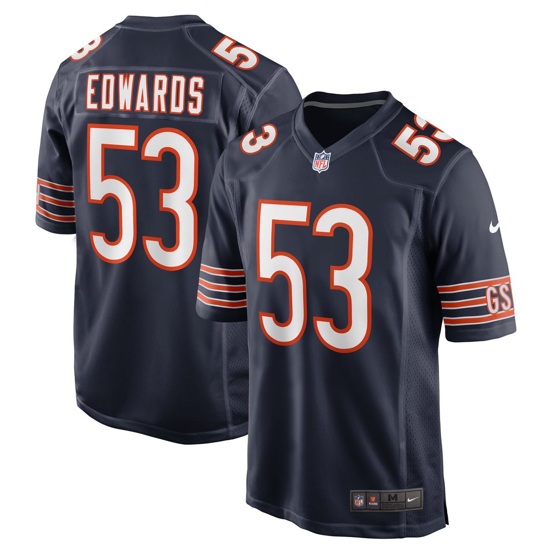 Chicago Bears TJ Edwards Nike Navy Game Player Jersey product image 1, provided for visual reference and product detail