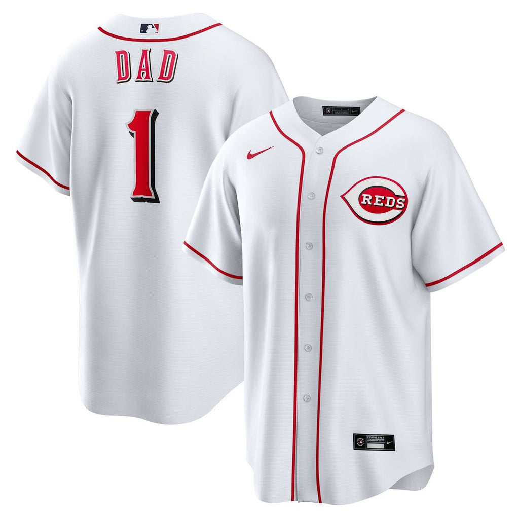 Cincinnati Reds Nike White #1 Dad Home Replica Jersey product image 1, provided for visual reference and product detail