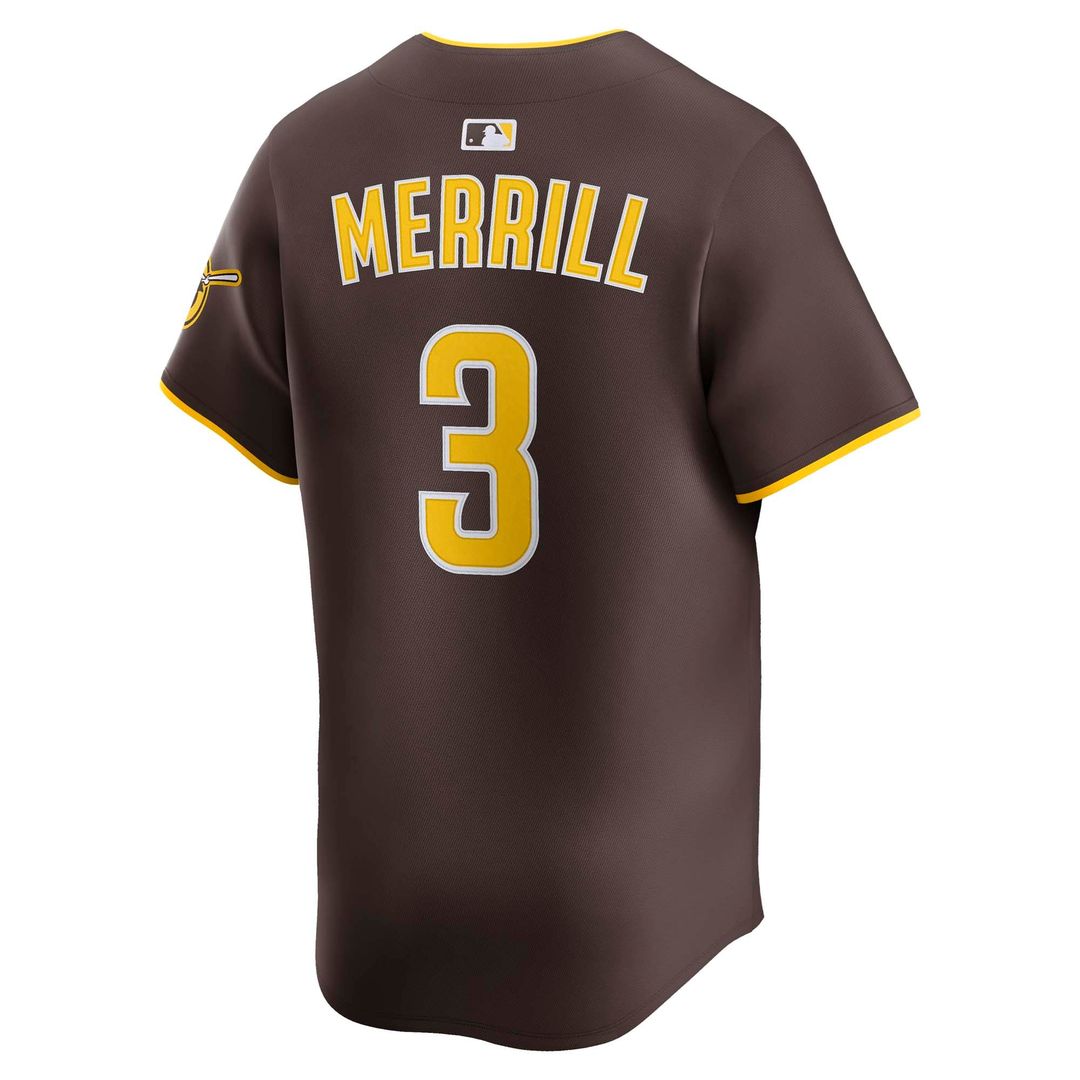 San Diego Padres Jackson Merrill Nike Brown Road Limited Player Jersey product image 3, provided for visual reference and