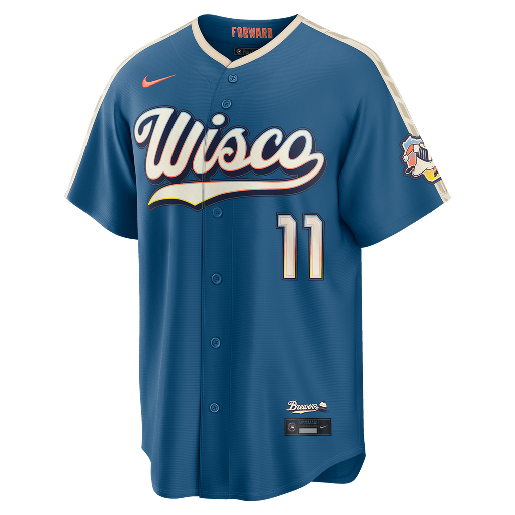 Milwaukee Brewers Jackson Chourio Nike Mineral Blue 2026 City Connect Stadium Jersey product image 2, provided for visual