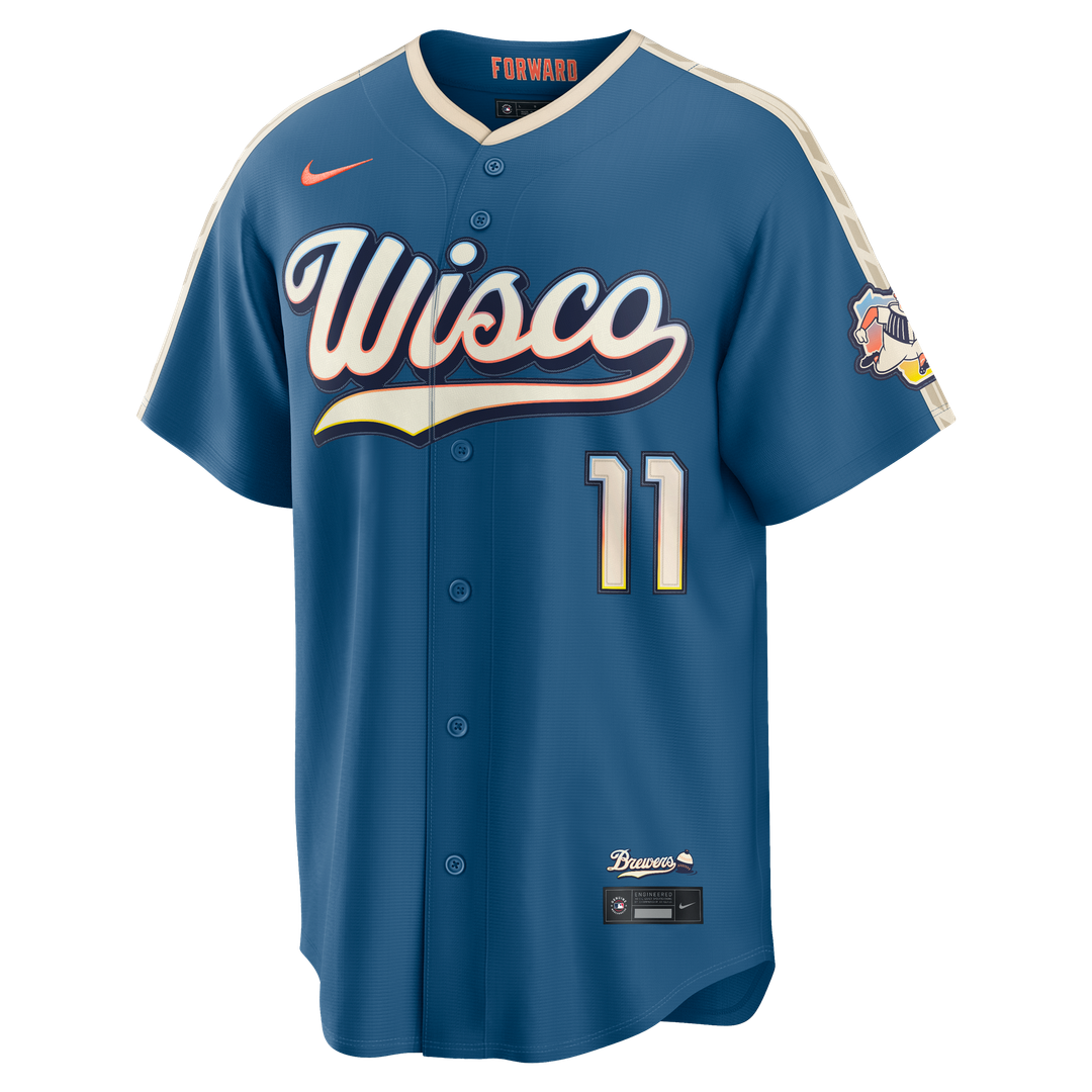 Milwaukee Brewers Jackson Chourio Nike Mineral Blue 2026 City Connect Stadium Jersey product image 2, provided for visual