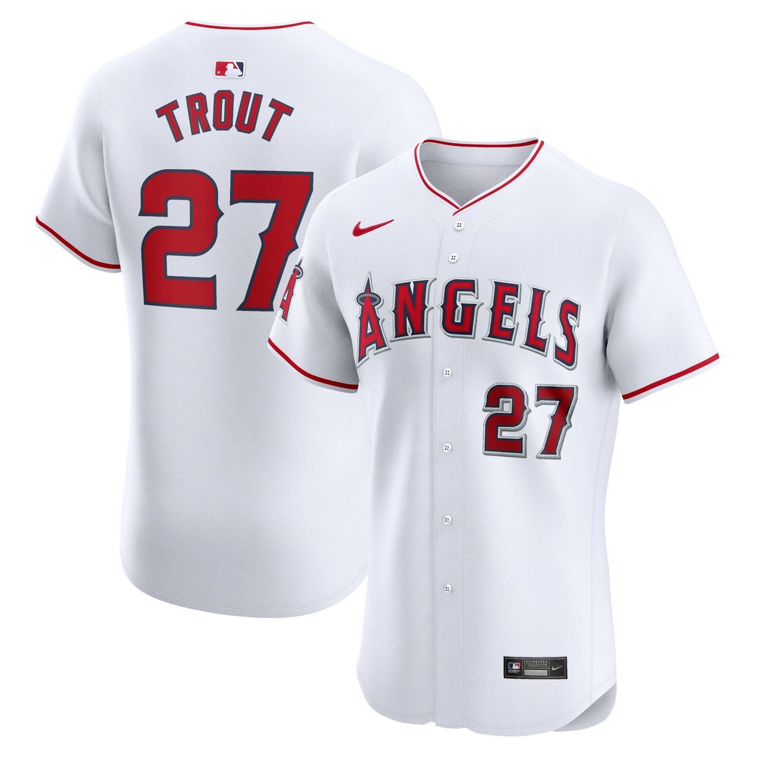 Los Angeles Angels Mike Trout Nike White Home Elite Player Jersey product image 1, provided for visual reference and product