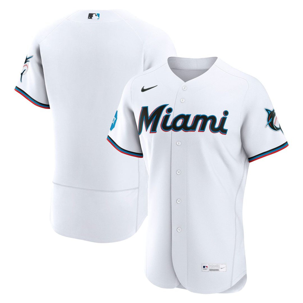 Miami Marlins Nike White Home Sponsor Patch Authentic Jersey product image 1, provided for visual reference and product