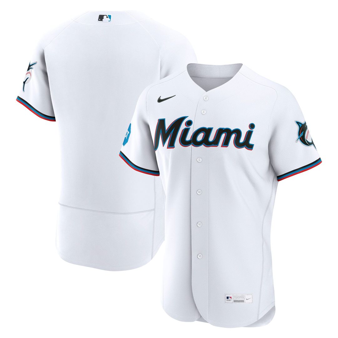 Miami Marlins Nike White Home Sponsor Patch Authentic Jersey product image 1, provided for visual reference and product