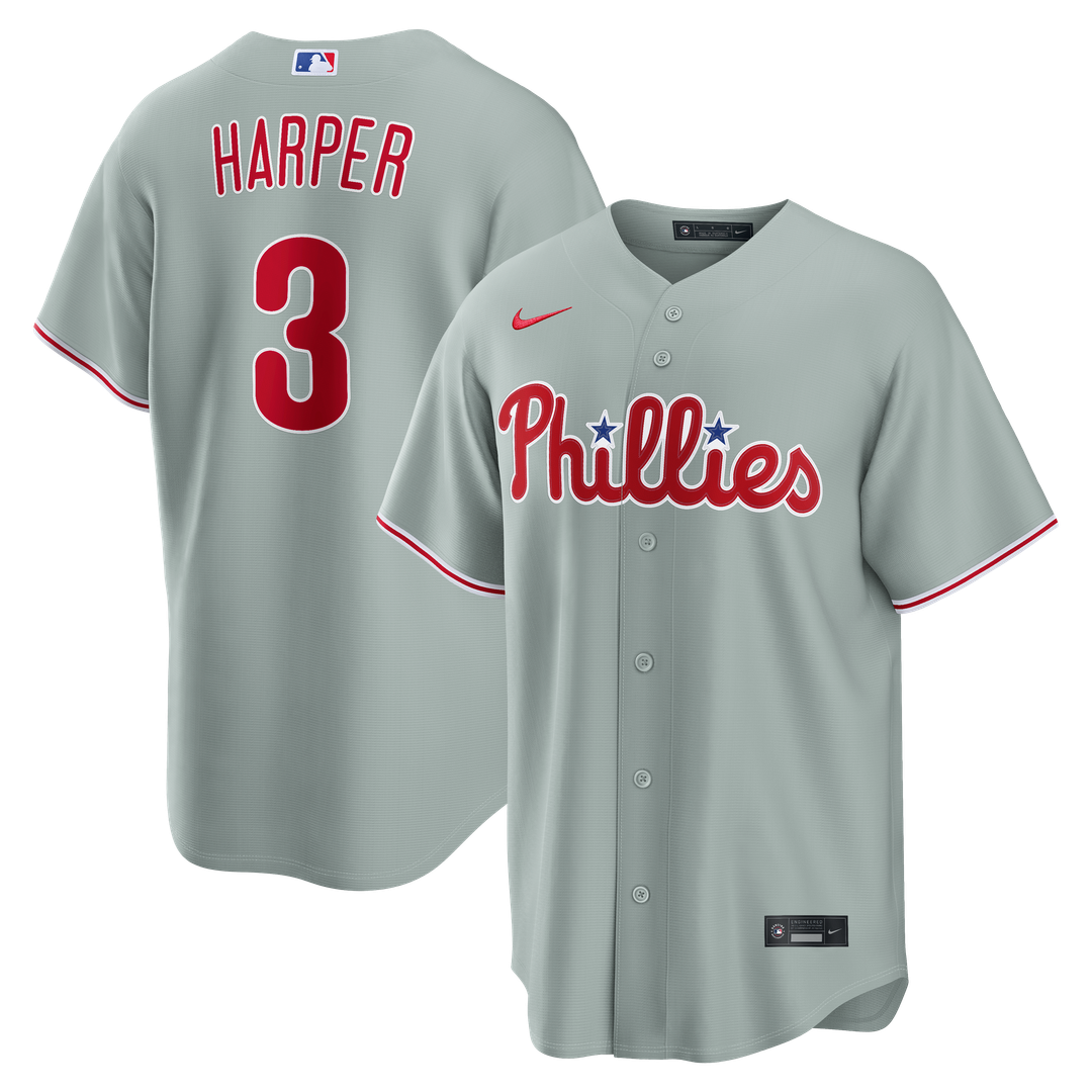Philadelphia Phillies Bryce Harper Nike Gray Road Replica Jersey product image 1, provided for visual reference and product