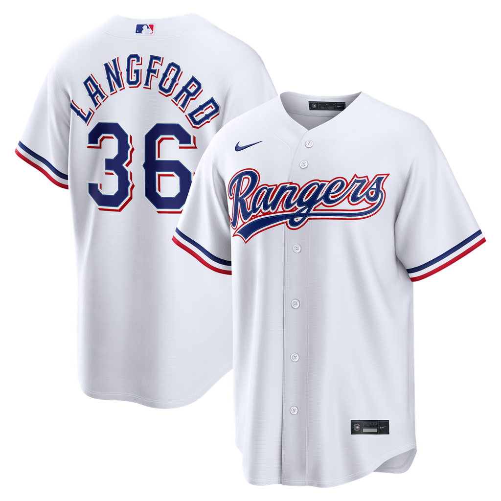 Texas Rangers Wyatt Langford Nike White Home Replica Jersey product image 1, provided for visual reference and product