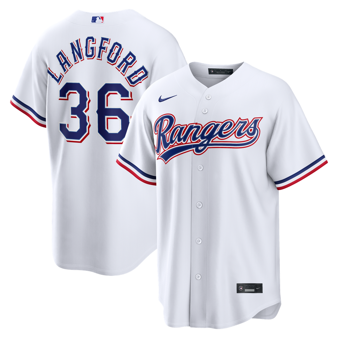 Texas Rangers Wyatt Langford Nike White Home Replica Jersey product image 1, provided for visual reference and product