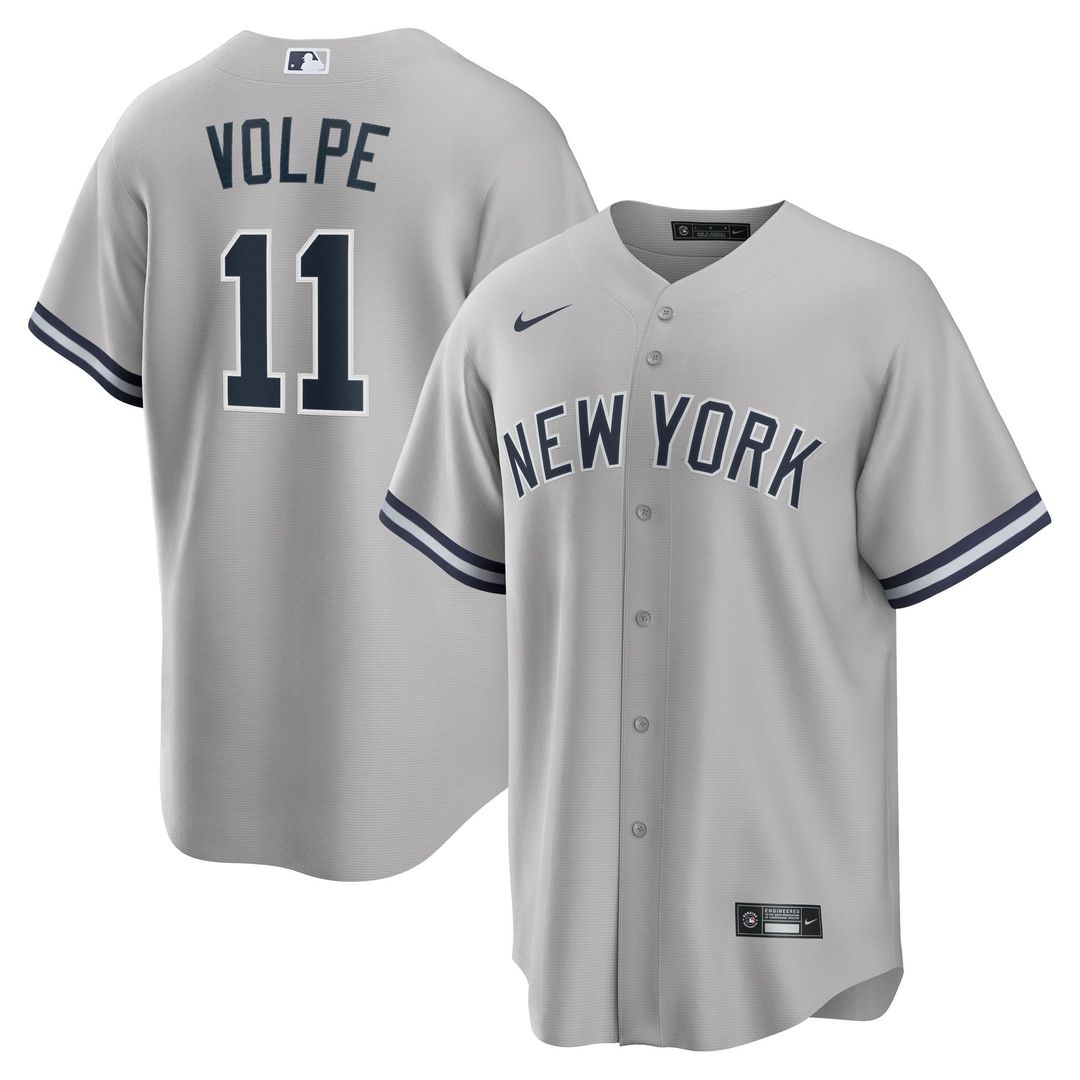 New York Yankees Anthony Volpe Nike Gray Road Replica Jersey product image 1, provided for visual reference and product