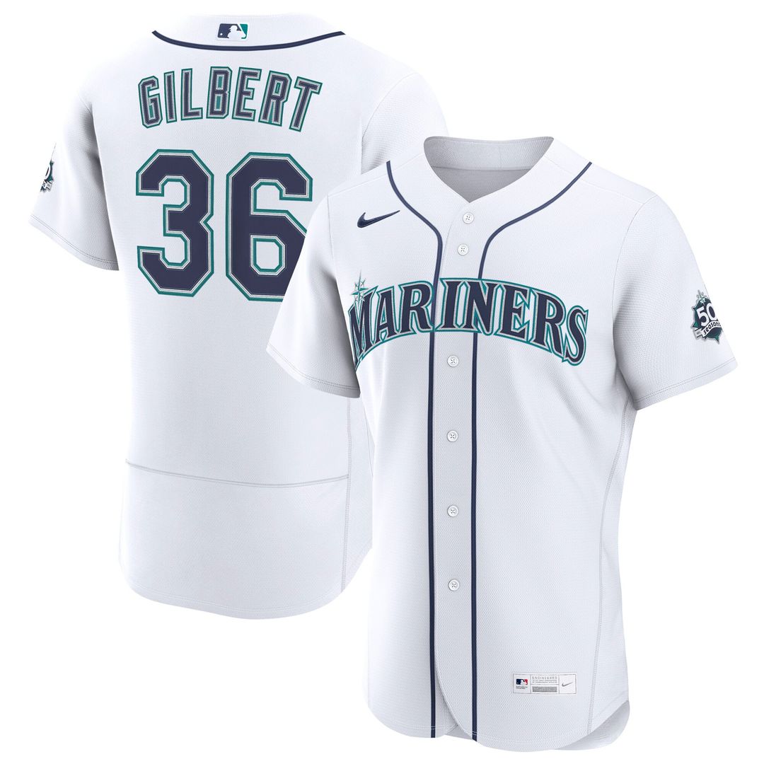 Seattle Mariners Logan Gilbert Nike White Home 50th Season Authentic Jersey product image 1, provided for visual reference