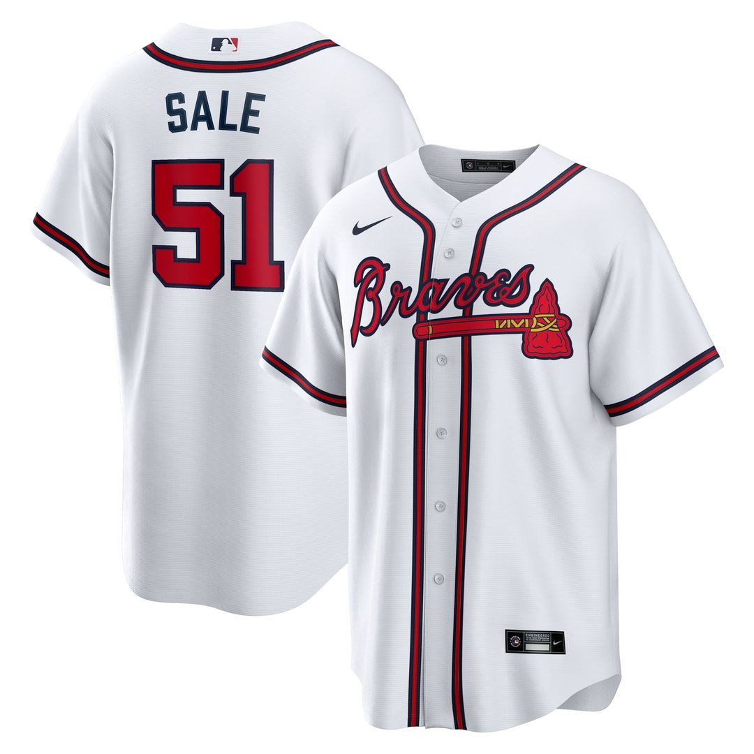 Atlanta Braves Chris Sale Nike White Home Replica Jersey product image 1, provided for visual reference and product detail