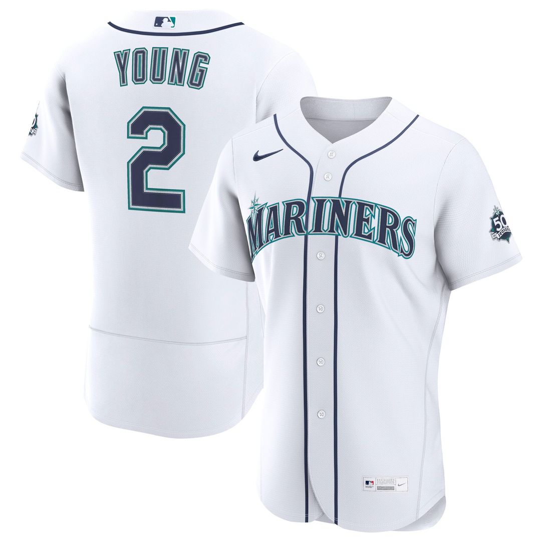 Seattle Mariners Cole Young Nike White Home 50th Season Authentic Jersey product image 1, provided for visual reference and