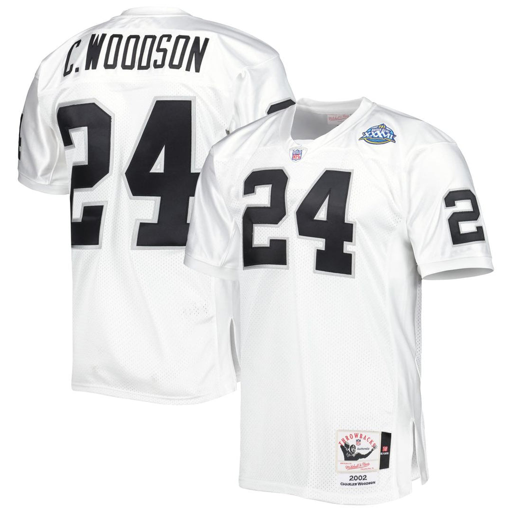 Las Vegas Raiders 2002 Charles Woodson Mitchell & Ness White Authentic Throwback Retired Player Jersey product image 1,