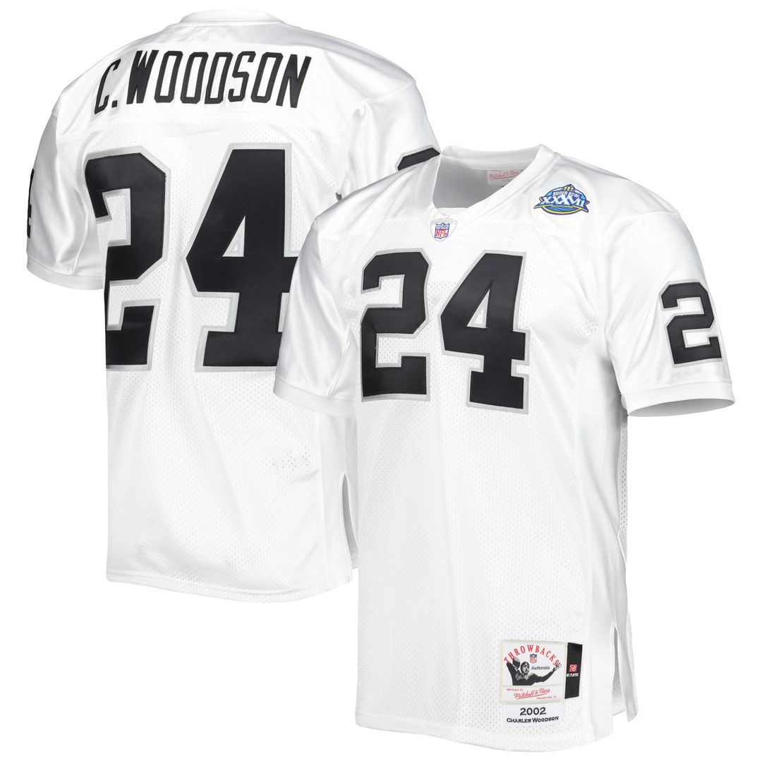 Las Vegas Raiders 2002 Charles Woodson Mitchell & Ness White Authentic Throwback Retired Player Jersey product image 1,