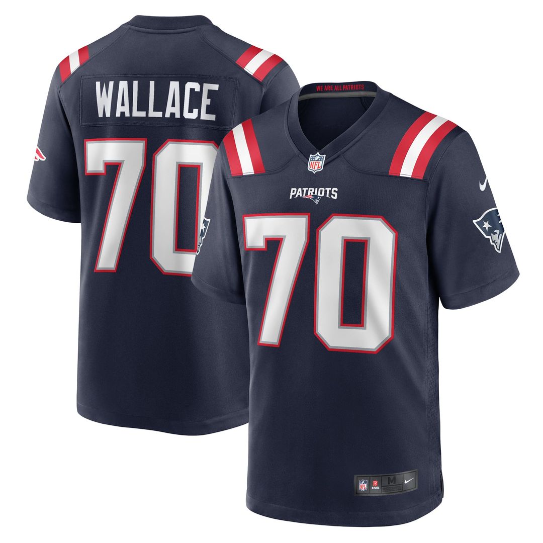 New England Patriots Caedan Wallace Nike Navy Game Jersey product image 1, provided for visual reference and product detail