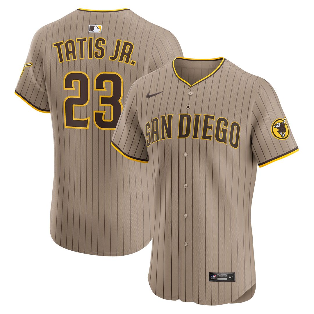 San Diego Padres Fernando Tatis Jr. Nike Khaki Sand Elite Jersey product image 1, provided for visual reference and product