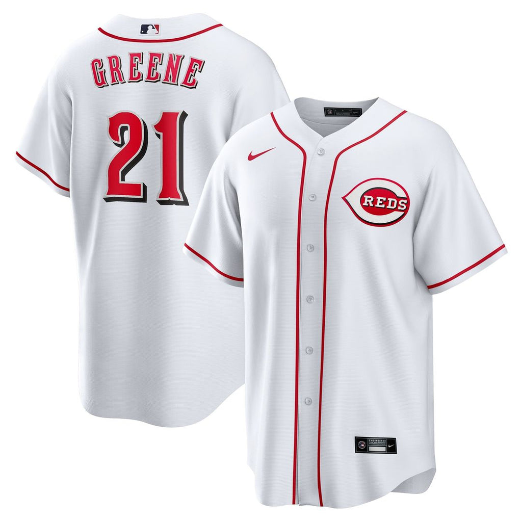 Cincinnati Reds Hunter Greene Nike White Home Replica Jersey product image 1, provided for visual reference and product