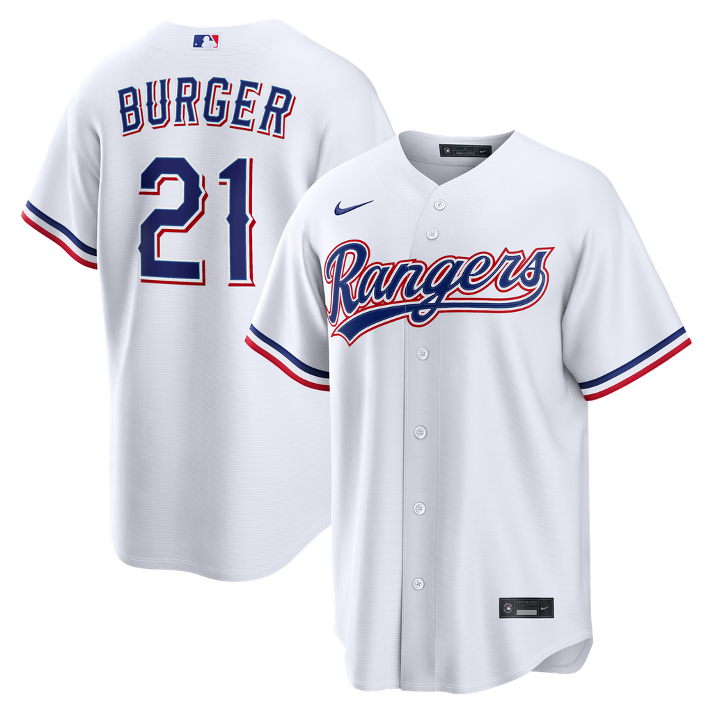 Texas Rangers Jake Burger Nike White Home Replica Jersey product image 1, provided for visual reference and product detail
