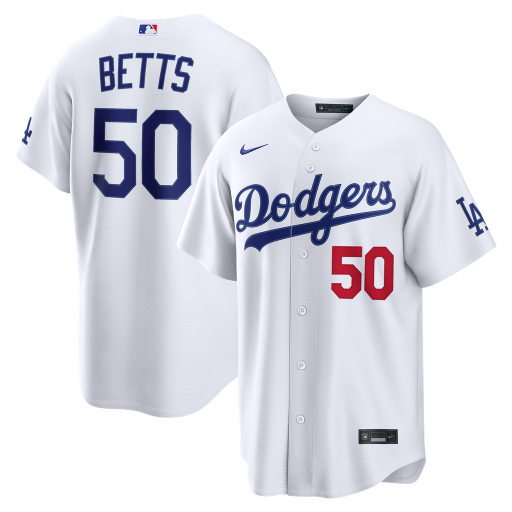 Los Angeles Dodgers Mookie Betts Nike White Home Stadium Jersey product image 1, provided for visual reference and product
