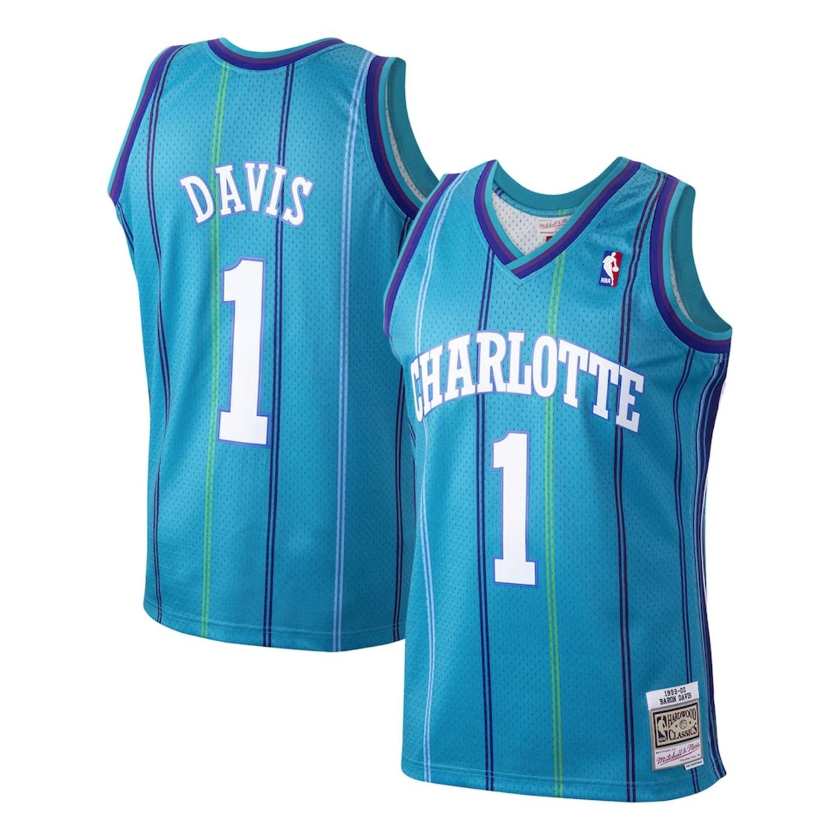 Charlotte Hornets Baron Davis 1999-00 Mitchell & Ness Teal Basketball Jersey product image 1, provided for visual reference