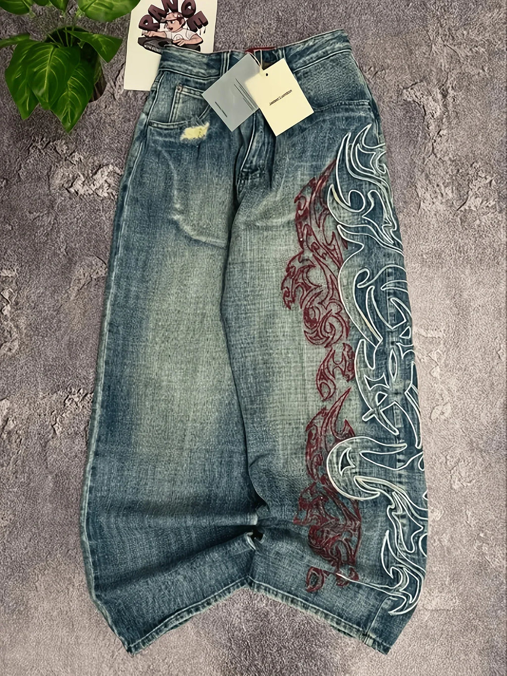 Loose Fit Wide Leg Jeans Tribal Flame Embroidery Vintage Washed Denim Pants Streetwear Daily Wear for Men product image 1,