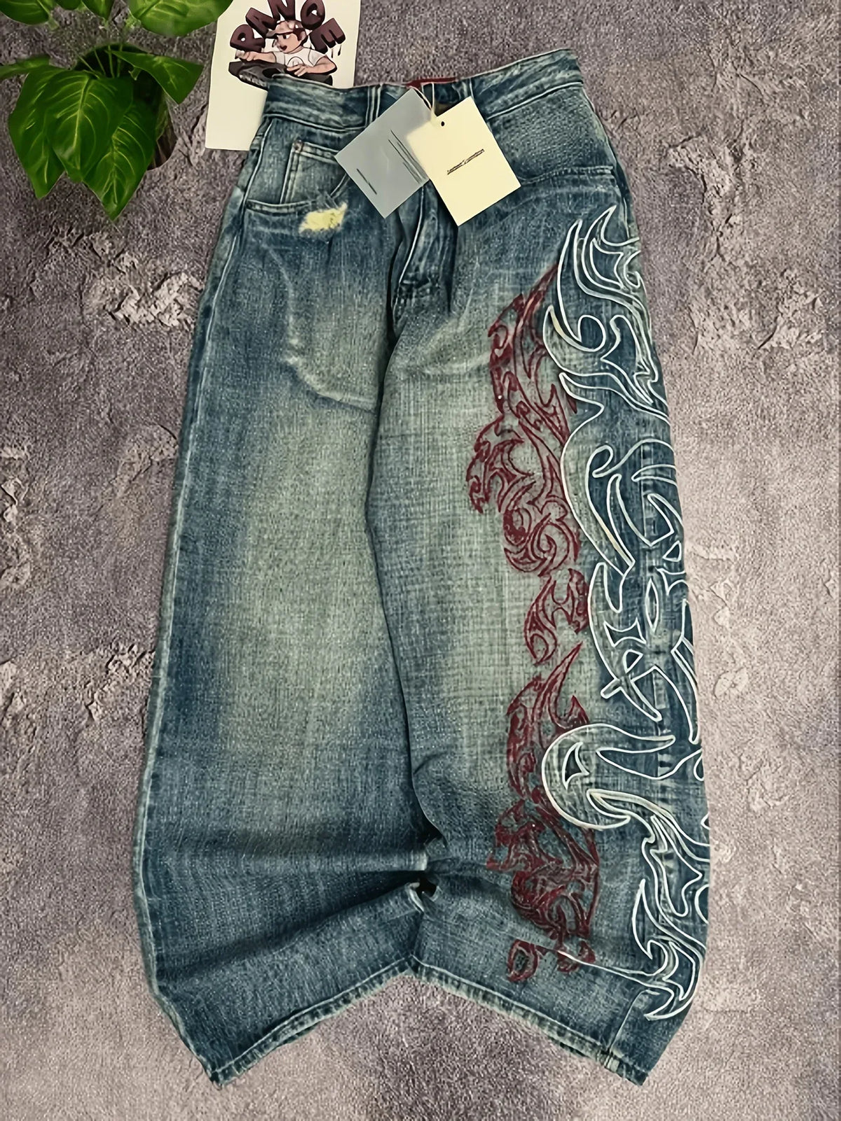 Loose Fit Wide Leg Jeans Tribal Flame Embroidery Vintage Washed Denim Pants Streetwear Daily Wear for Men product image 1,