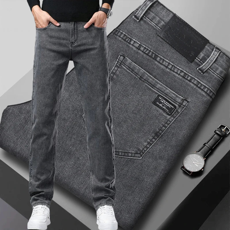 Slim Jeans Korean Fashion Elastic Straight Casual Denim Pants Comfortable Work Male Spring Autumn Trousers Black Gray for