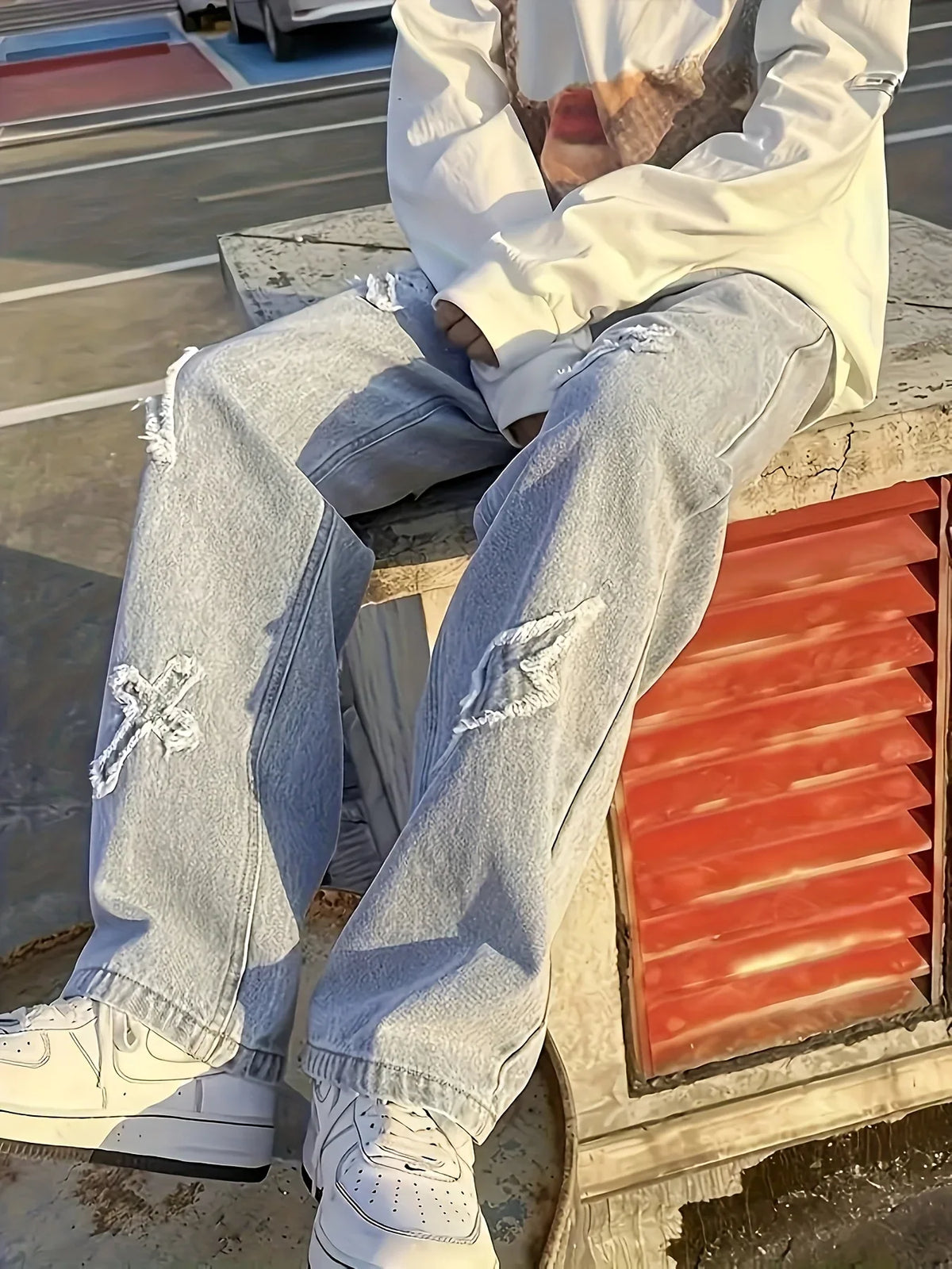 jeans patch lightning jeans Men loose jeans worn-out jeans for Men product image 1, provided for visual reference and