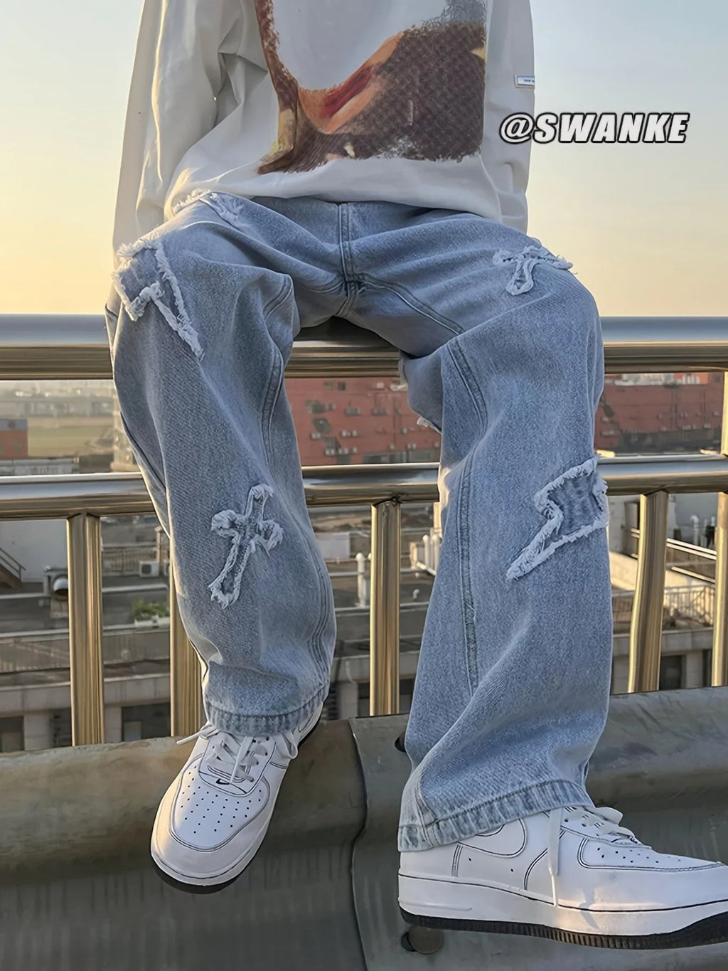 jeans patch lightning jeans Men loose jeans worn-out jeans for Men product image 3, provided for visual reference and