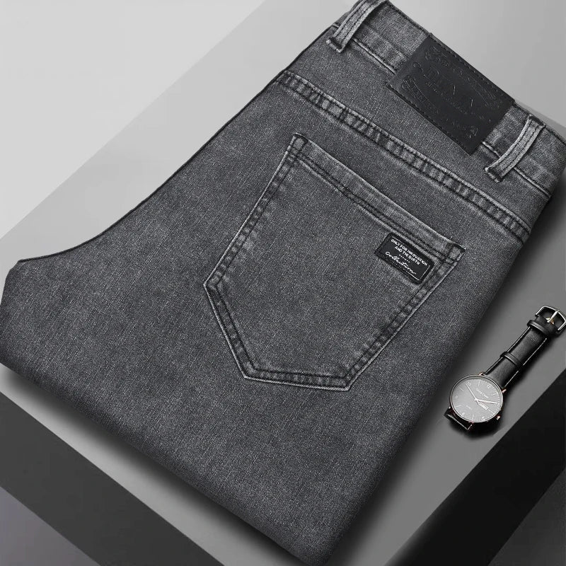 Slim Jeans Korean Fashion Elastic Straight Casual Denim Pants Comfortable Work Male Spring Autumn Trousers Black Gray for