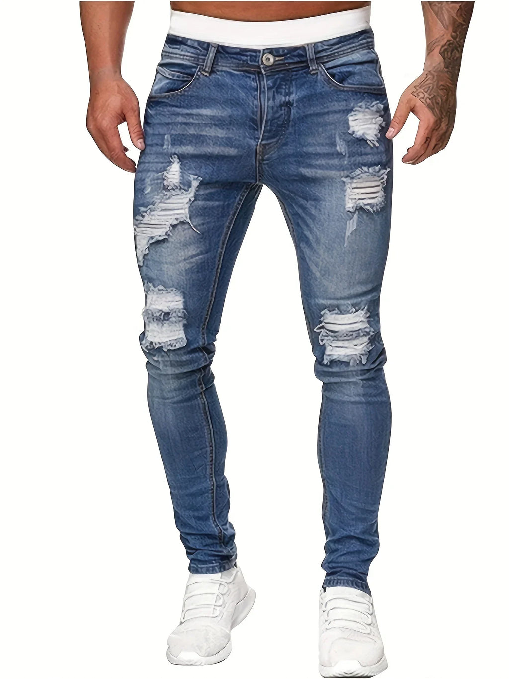 Slim Fit Ripped Straight-Leg Jeans, Slim Stretch Jeans, Versatile Street-Style Jeans for Men product image 2, provided for