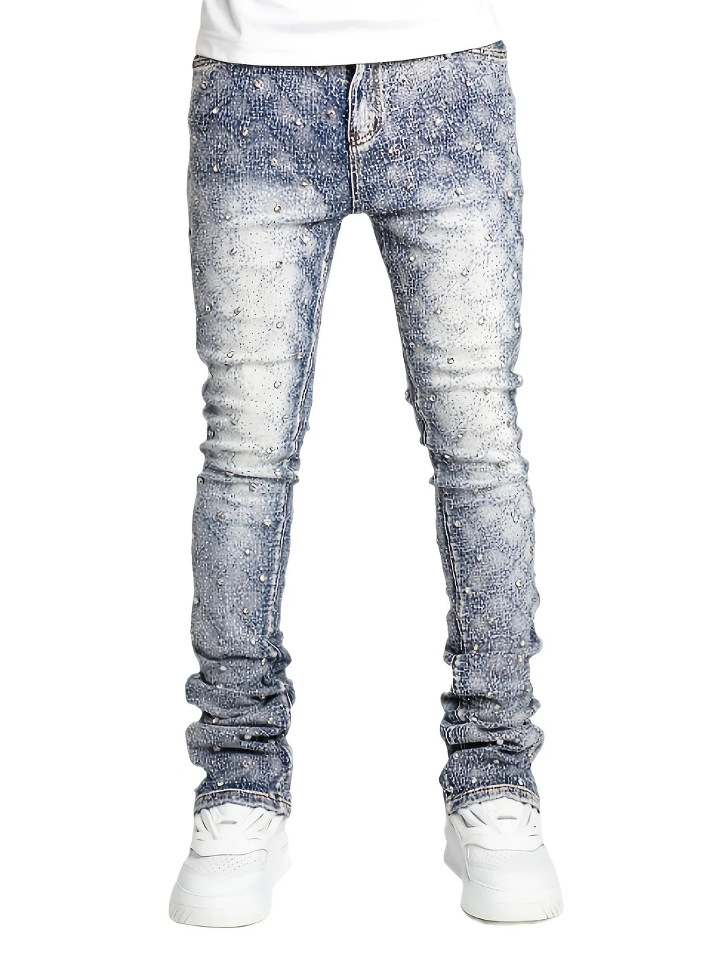 denim fashion personality straight leg Men pants European and American fashion Instagram hot item elastic pearl denim la for