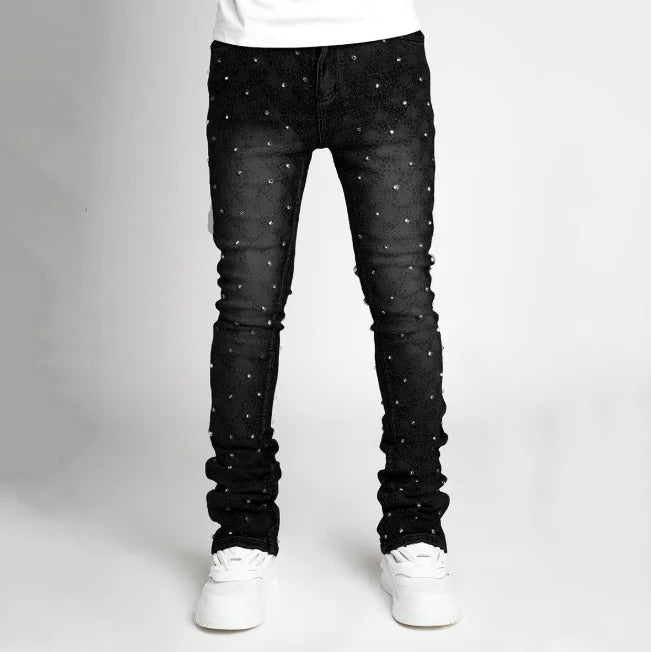 denim fashion personality straight leg Men pants European and American fashion Instagram hot item elastic pearl denim la for