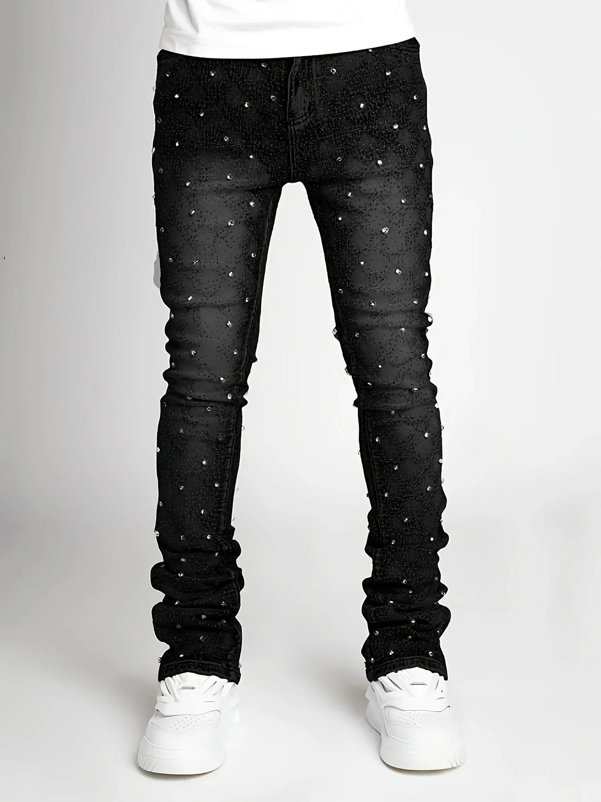 denim fashion personality straight leg Men pants European and American fashion Instagram hot item elastic pearl denim la for