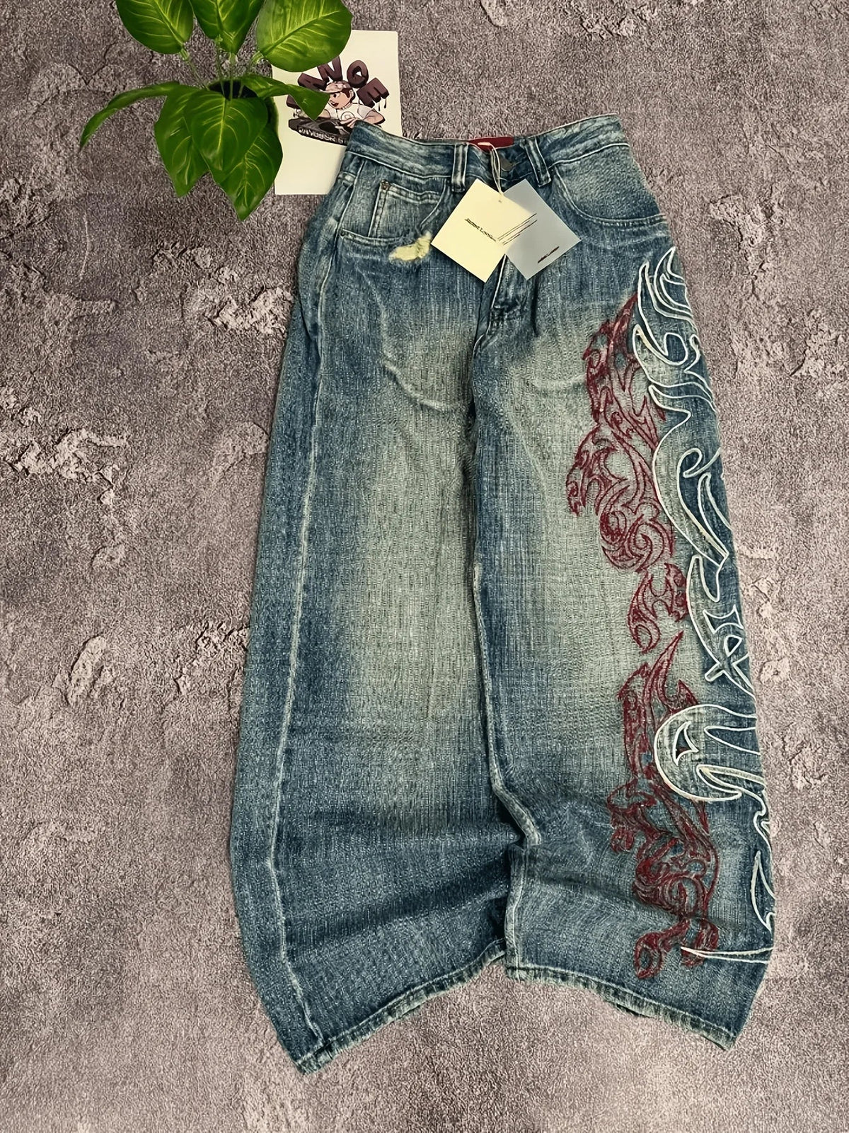 Loose Fit Wide Leg Jeans Tribal Flame Embroidery Vintage Washed Denim Pants Streetwear Daily Wear for Men product image 2,