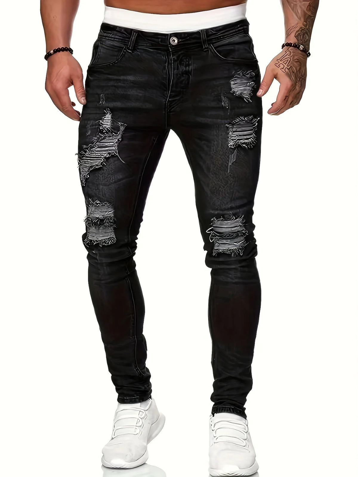 Slim Fit Ripped Straight-Leg Jeans, Slim Stretch Jeans, Versatile Street-Style Jeans for Men product image 3, provided for
